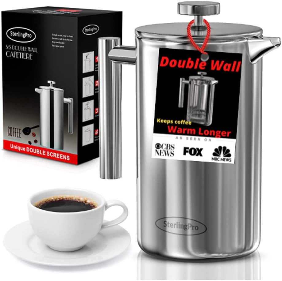 French Press Coffee Maker (1.75L)-Double Walled Large Coffee Press with 2 Extra Filters-Enjoy Granule-Free Coffee, Stylish Rust Free Kitchen Accessory-Stainless Steel (Mirror)