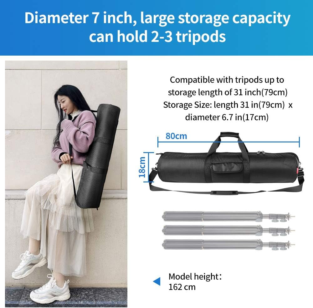 Tripod Case, 31.5X7 in Heavy Duty Tripod Bag with Shoulder Strap and Handle, All Sides Thick Padded Carrying Case with Two Zippered Pockets for Speaker Stand, Monopod - R08018 Black