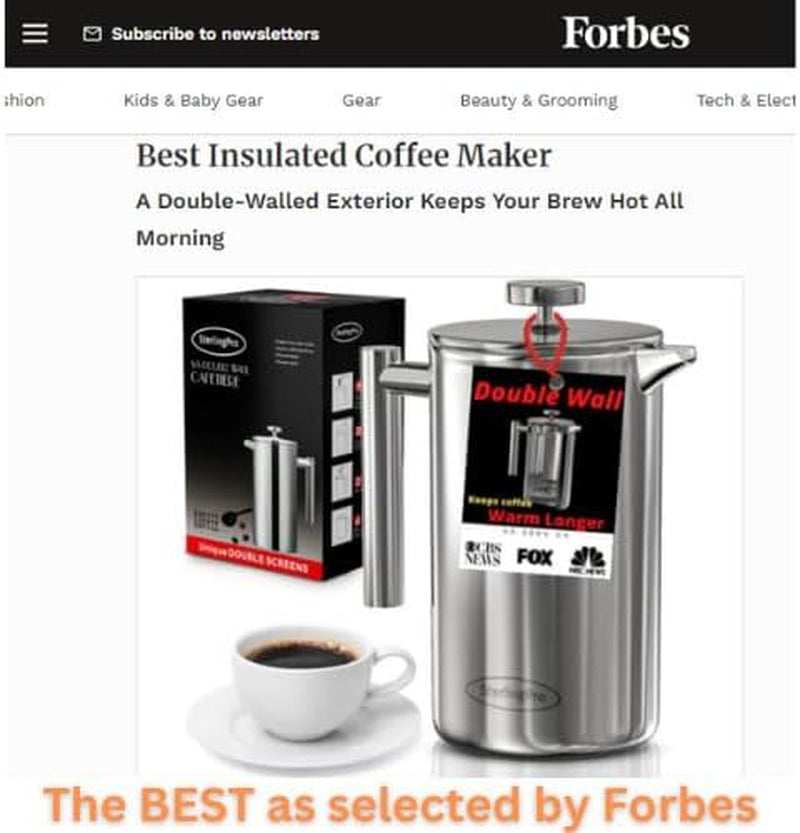 French Press Coffee Maker (1.75L)-Double Walled Large Coffee Press with 2 Extra Filters-Enjoy Granule-Free Coffee, Stylish Rust Free Kitchen Accessory-Stainless Steel (Mirror)