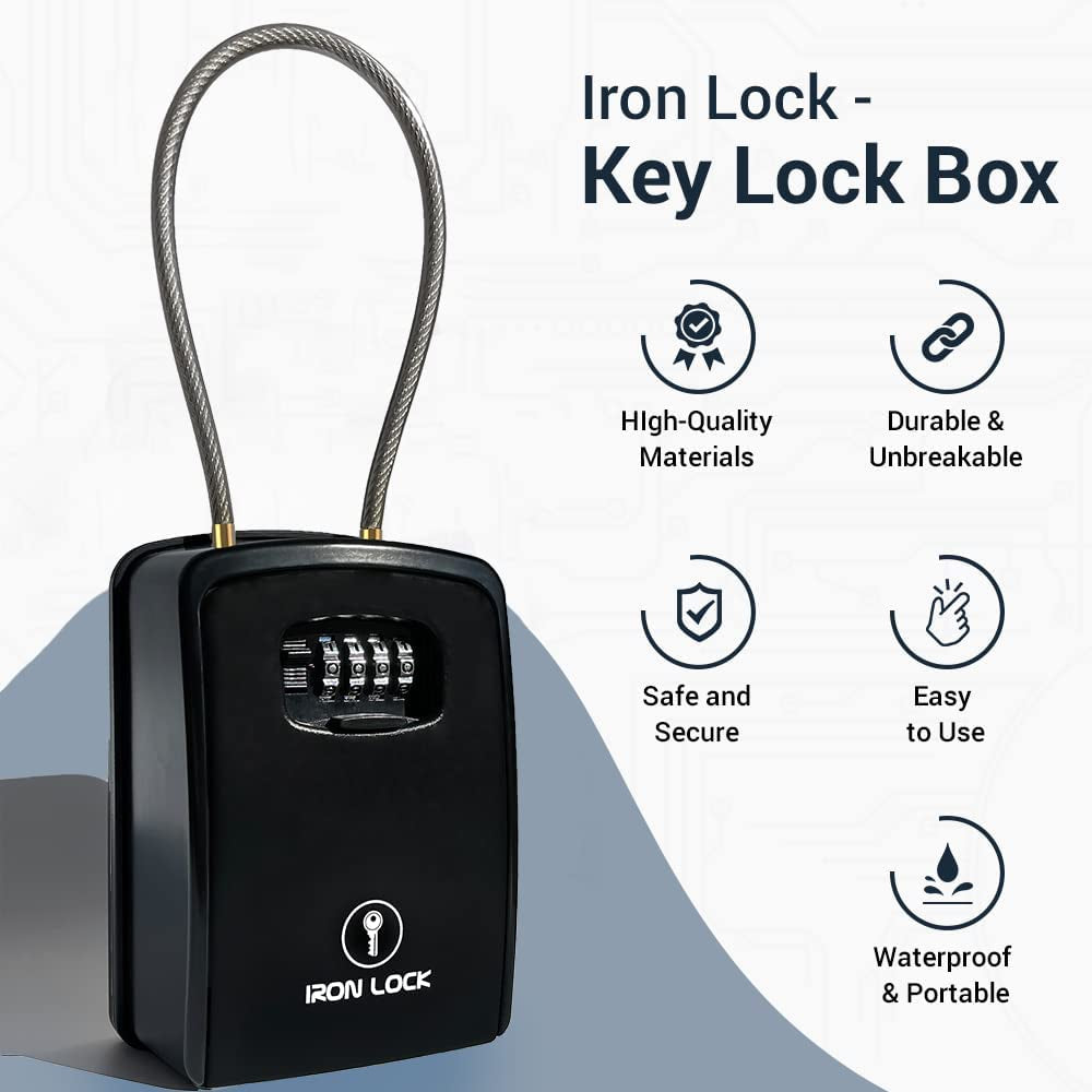 ® Key Lock Box XXL Portable and Wall Mounted with Removable Cable Shackle Waterproof Indoor Outdoor 4 Digit Combo Resettable Code with a B Switch Extra Large Key Lockbox outside (XXL, Black)