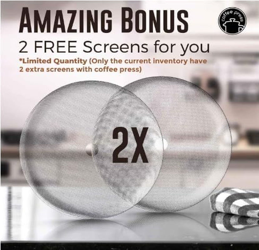 French Press Coffee Maker (1.75L)-Double Walled Large Coffee Press with 2 Extra Filters-Enjoy Granule-Free Coffee, Stylish Rust Free Kitchen Accessory-Stainless Steel (Mirror)