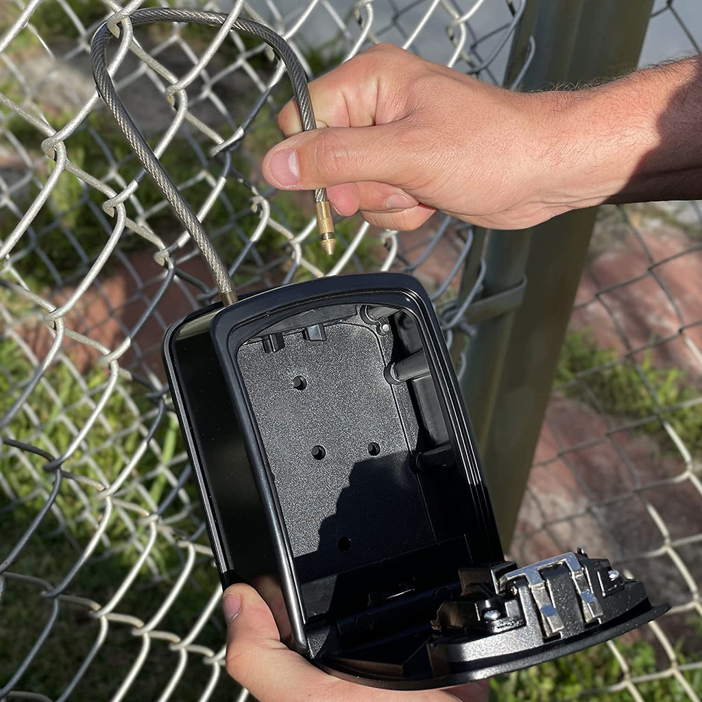 ® Key Lock Box XXL Portable and Wall Mounted with Removable Cable Shackle Waterproof Indoor Outdoor 4 Digit Combo Resettable Code with a B Switch Extra Large Key Lockbox outside (XXL, Black)