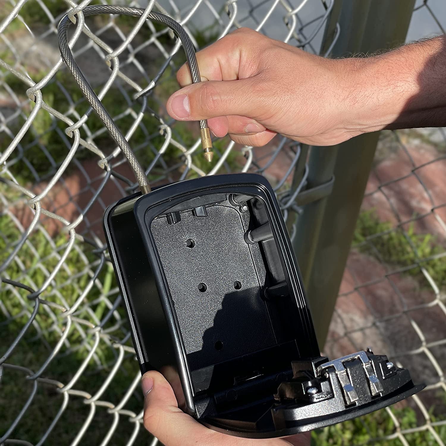 ® Key Lock Box XXL Portable and Wall Mounted with Removable Cable Shackle Waterproof Indoor Outdoor 4 Digit Combo Resettable Code with a B Switch Extra Large Key Lockbox outside (XXL, Black)