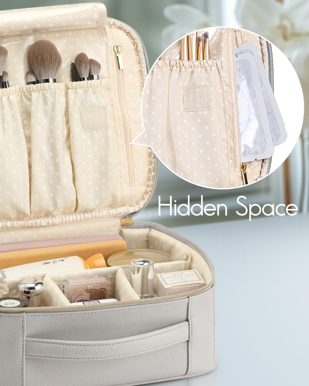 Travel Makeup Cosmetic Case Organizer Portable Storage Bag with Adjustable Dividers for Cosmetics Makeup Brushes, Girls, Women, Friends.（Gray）