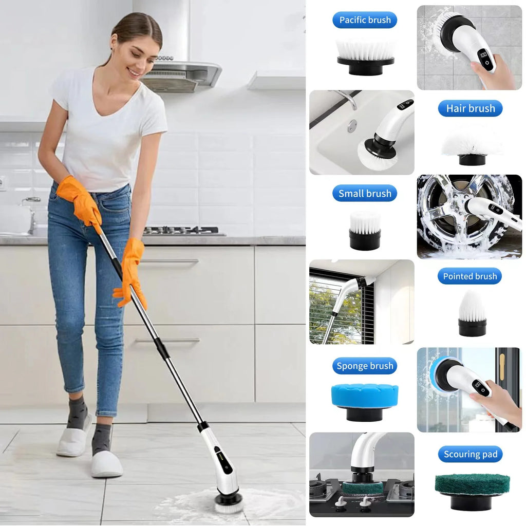 Electric Spin Scrubber - Cordless Cleaning Brush with 8 Heads & Long Handle Power Shower Scrubber for Bathroom Kitchen Tile Floor, White