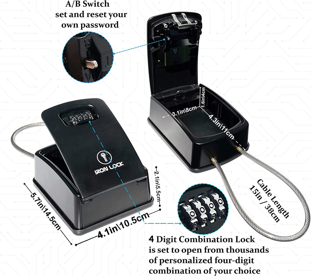 ® Key Lock Box XXL Portable and Wall Mounted with Removable Cable Shackle Waterproof Indoor Outdoor 4 Digit Combo Resettable Code with a B Switch Extra Large Key Lockbox outside (XXL, Black)