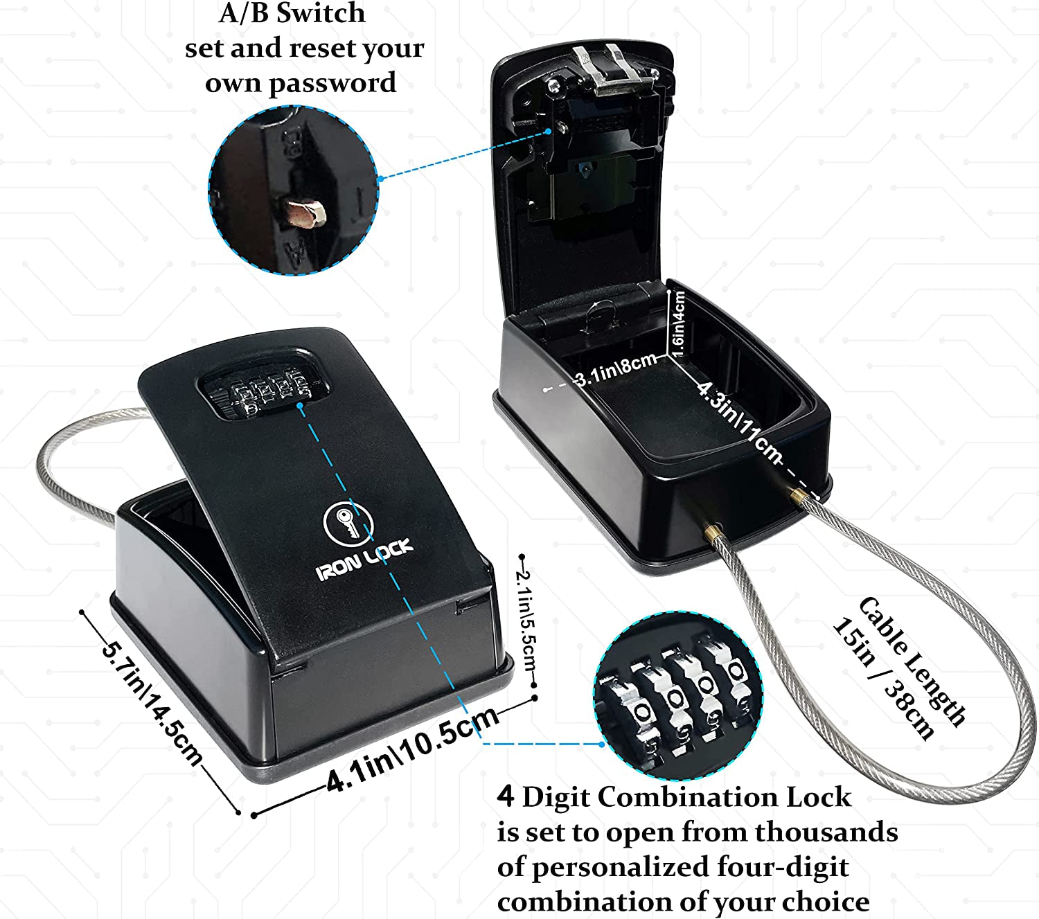 ® Key Lock Box XXL Portable and Wall Mounted with Removable Cable Shackle Waterproof Indoor Outdoor 4 Digit Combo Resettable Code with a B Switch Extra Large Key Lockbox outside (XXL, Black)