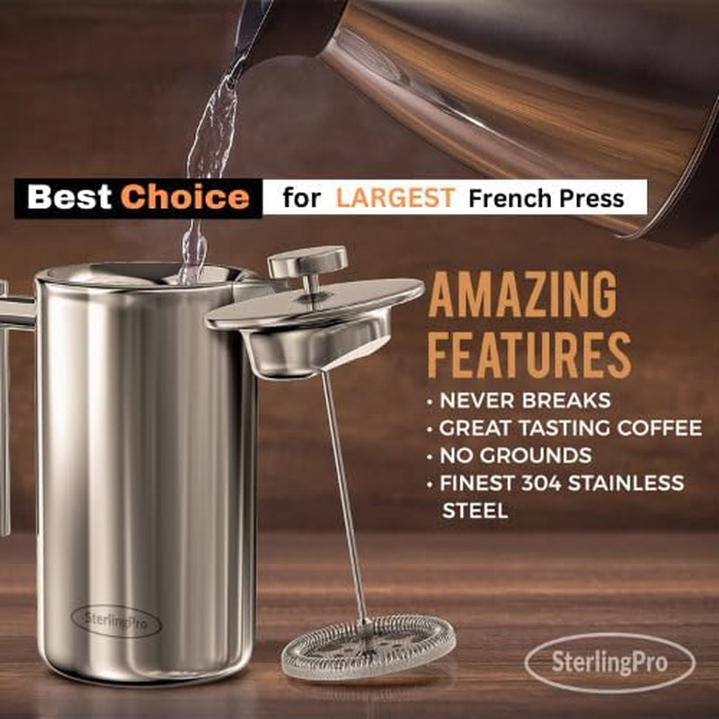French Press Coffee Maker (1.75L)-Double Walled Large Coffee Press with 2 Extra Filters-Enjoy Granule-Free Coffee, Stylish Rust Free Kitchen Accessory-Stainless Steel (Mirror)