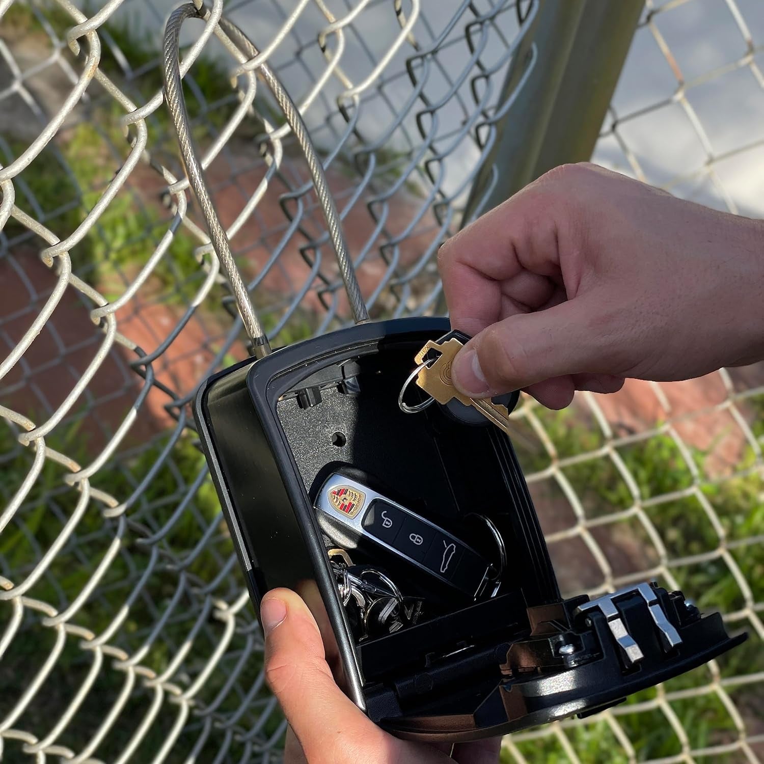 ® Key Lock Box XXL Portable and Wall Mounted with Removable Cable Shackle Waterproof Indoor Outdoor 4 Digit Combo Resettable Code with a B Switch Extra Large Key Lockbox outside (XXL, Black)