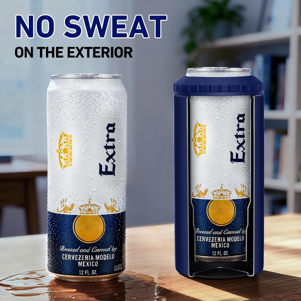 3 in 1 Slim Can Cooler for 12 OZ Skinny Can, Regular Can & Beer Bottle - Keep Cold for 6 Hours - Double Walled Insulated Stainless Steel Vacuum Beverage Can Insulator (Navy Blue)