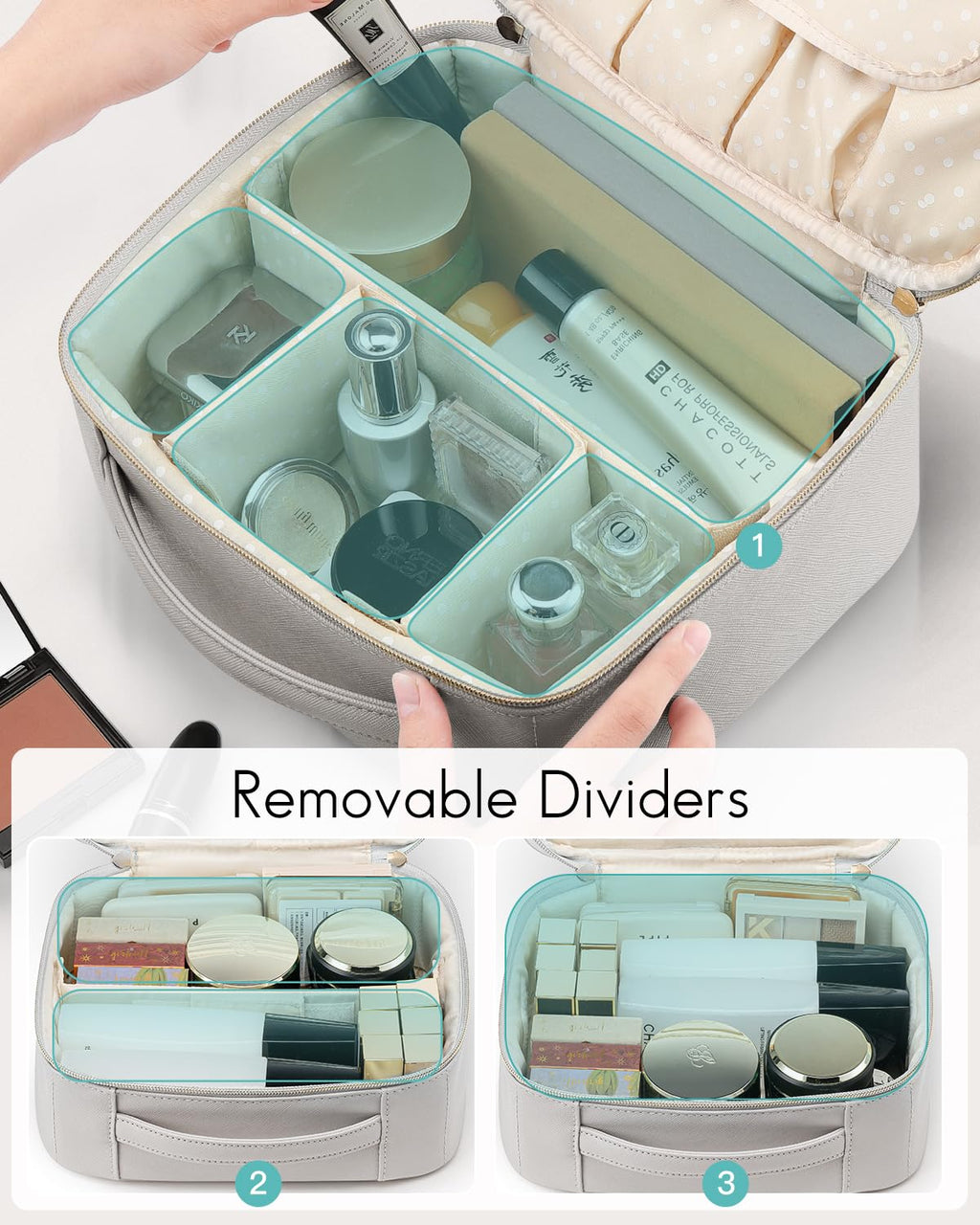 Travel Makeup Cosmetic Case Organizer Portable Storage Bag with Adjustable Dividers for Cosmetics Makeup Brushes, Girls, Women, Friends.（Gray）