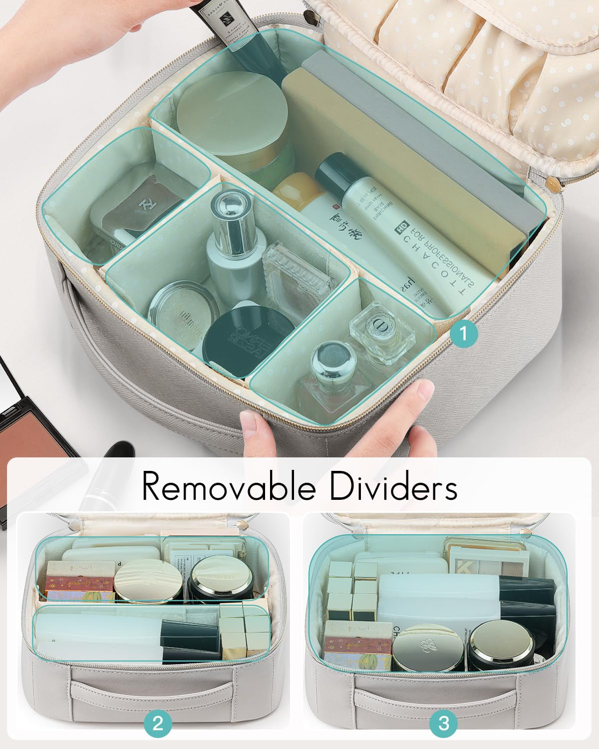 Travel Makeup Cosmetic Case Organizer Portable Storage Bag with Adjustable Dividers for Cosmetics Makeup Brushes, Girls, Women, Friends.（Gray）